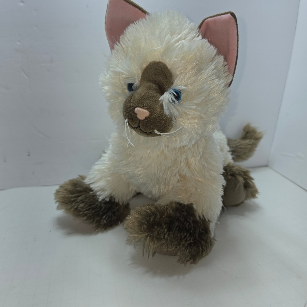 Build-A-Bear Workshop Siamese Cat Plush Cream Shaggy Fur Blue Eyes Purr Push Paw